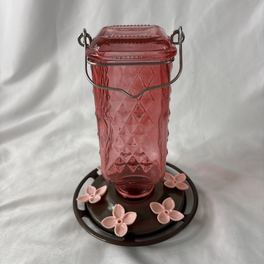 Pink Glass Hummingbird Feeder 6 Port Hanging Bird Feeder Garden Diamond Pattern